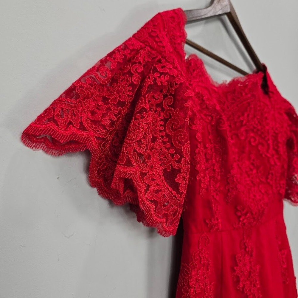 Badgley Mischka Sheath‎ Dress 8 Red Lace Flutter Sleeves Cocktail Romantic - Picture 7 of 16